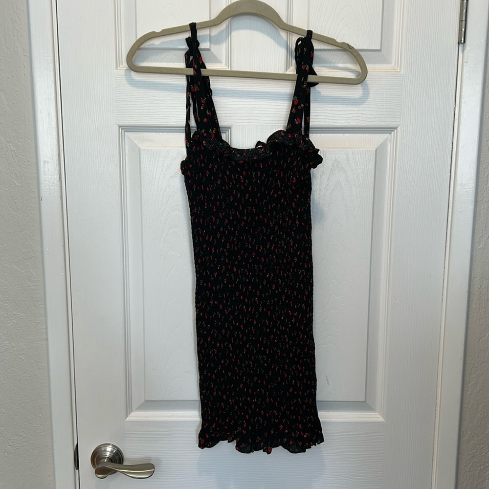 Free People Bella Black Floral Print Smocked Tie-Strap Bodycon Mini Dress